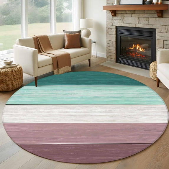 Round Area Rug 5 Ft, Purple Green Wood Grain Washable Non-Slip Circle Carpet for Living Room/Bedroom, Rustic Retro Wooden Plank Low-Profile Runner Mats Collection Rugs for Indoor