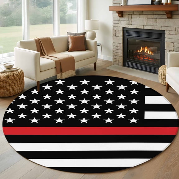 Round Area Rug 5 Ft,Red White Stripe Fireman American Flag Non Slip Area Rugs for Living Room,Fire Fighter USA Flags Washable Low Pile Circle Throw Carpet for Indoor Dining Room Bedroom Nursery Decor