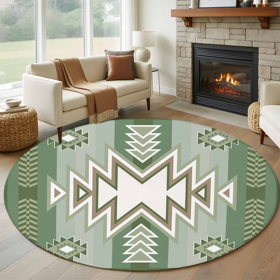 Round Area Rug 5 Ft, Sage Green Boho Washable Non-Slip Circle Carpet for Living Room/Bedroom, American Native Southwest Abstract Art Low-Profile Runner Mats Collection Rugs for Indoor