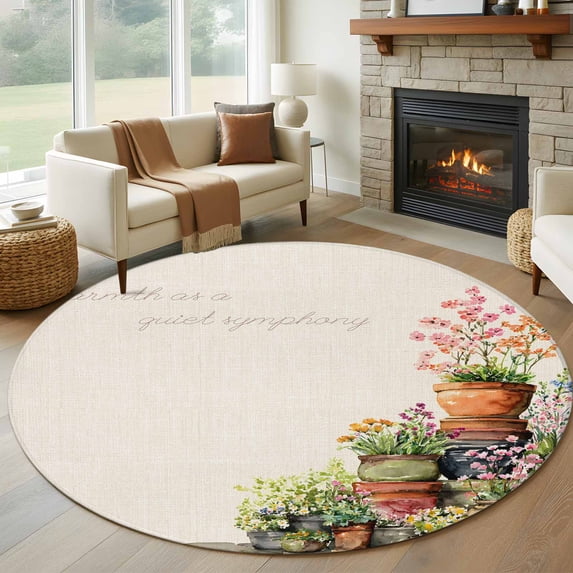 Round Area Rug 5 Ft, Spring Flowers Washable Non-Slip Circle Carpet for Living Room/Bedroom, Botanical Blossom Floral Pot Plants Low-Profile Runner Mats Collection Rugs for Indoor