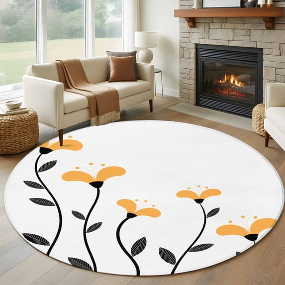 Round Area Rug 5 Ft, Spring Flowers Washable Non-Slip Circle Carpet for Living Room/Bedroom, Modern Simple Floral Plants Lines Art Low-Profile Runner Mats Collection Rugs for Indoor