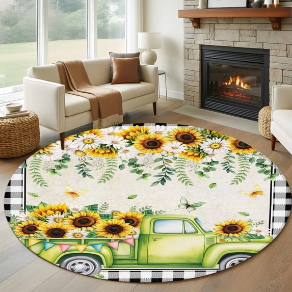Round Area Rug 5 Ft, Sunflowers Washable Non-Slip Circle Carpet for Living Room/Bedroom, Spring Farmhouse Country Truck Leaf Black Plaid Low-Profile Runner Mats Collection Rugs for Indoor