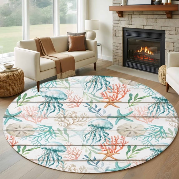 Round Area Rug 5 Ft, Teal Red Jellyfish Coastal Washable Non-Slip Circle Carpet for Living Room/Bedroom, Vintage Beach Coral Starfish Nautical Low-Profile Runner Mats Collection Rugs for Indoor