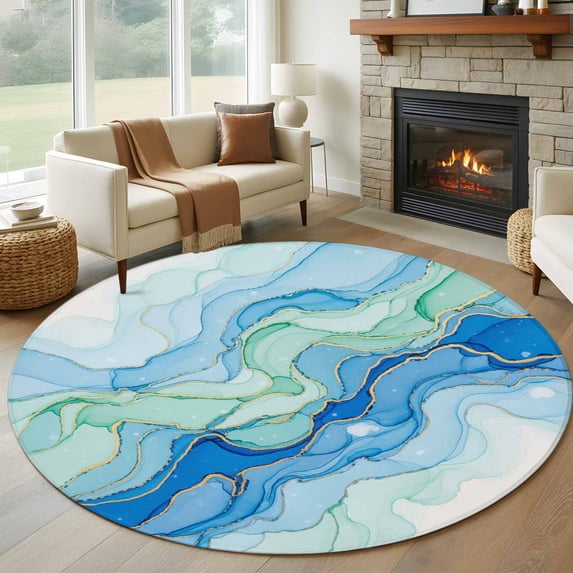 Round Area Rug 5 Ft, Turquoise Blue Marble Washable Non-Slip Circle Carpet for Living Room/Bedroom, Abstract Art Modern Fluid Marble Low-Profile Runner Mats Collection Rugs for Indoor