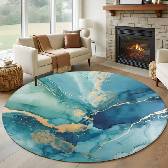 Round Area Rug 5 Ft, Turquoise Marble Washable Non-Slip Circle Carpet for Living Room/Bedroom, Modern Abstract Art Ombre Blue Low-Profile Runner Mats Collection Rugs for Indoor