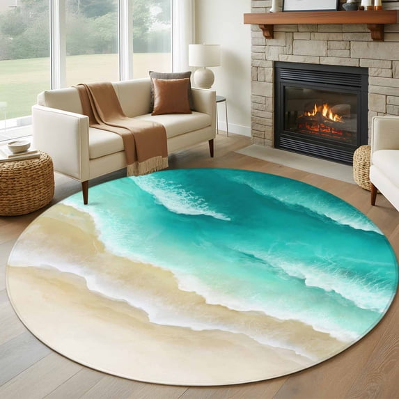 Round Area Rug 5 Ft, Turquoise Ombre Oceans Washable Non-Slip Circle Carpet for Living Room/Bedroom, Watercolor Summer Coastal Beach Waves Low-Profile Runner Mats Collection Rugs for Indoor