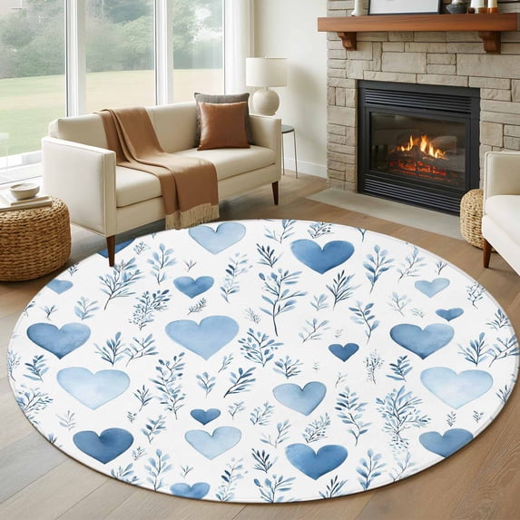 Round Area Rug 5 Ft, Valentine's Day Blue Washable Non-Slip Circle Carpet for Living Room/Bedroom, Spring Love Leaves Botanical Low-Profile Runner Mats Collection Rugs for Indoor