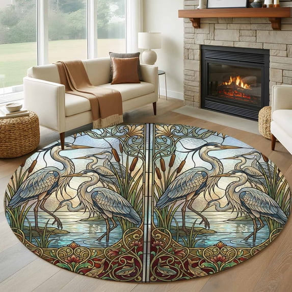 Round Area Rug 5 Ft, Vintage Cranes Washable Non-Slip Circle Carpet for Living Room/Bedroom, Country Retro Chic Glass Flower Textured Low-Profile Runner Mats Collection Rugs for Indoor