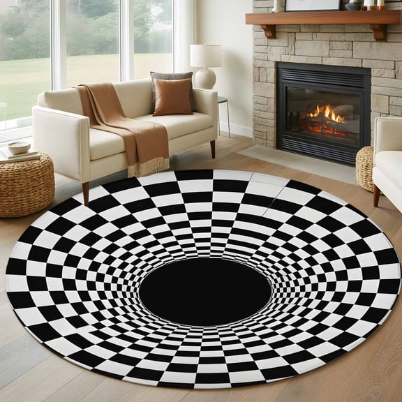 Round Area Rug 5ft 3D Vortex Tunnel Area Rugs Washable Low Pile Floor Carpet for Bedroom, Black White Optical Illusion Background Non Slip Soft Rugs for Living Room Entryway Dining Room