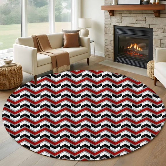 Round Area Rug 5ft Abstract Art Zig Zag Burgundy Red Striped Area Rugs Washable Low Pile Floor Carpet for Bedroom, Geometric Art Non Slip Soft Rugs for Living Room Entryway Dining Room