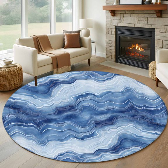 Round Area Rug 5ft Abstract Blue Wave Area Rugs Washable Low Pile Floor Carpet for Bedroom, Watercolor Geometric Stripe Non Slip Soft Rugs for Living Room Entryway Dining Room