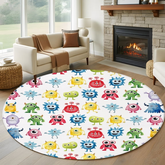 Round Area Rug 5ft Abstract Cartoon Monsters Area Rugs Washable Low Pile Floor Carpet for Bedroom, Seamless Colorful Cute Alien Non Slip Soft Rugs for Living Room Entryway Dining Room
