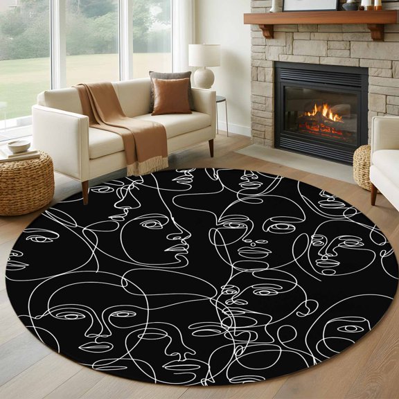 Round Area Rug 5ft Abstract Character Face Modern Line Arts Area Rugs Washable Low Pile Floor Carpet for Bedroom, Black White Non Slip Soft Rugs for Living Room Entryway Dining Room