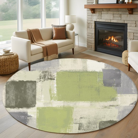 Round Area Rug 5ft Abstract Color Block Paint Area Rugs Washable Low Pile Floor Carpet for Bedroom, Saga Green Patchwork Non Slip Soft Rugs for Living Room Entryway Dining Room