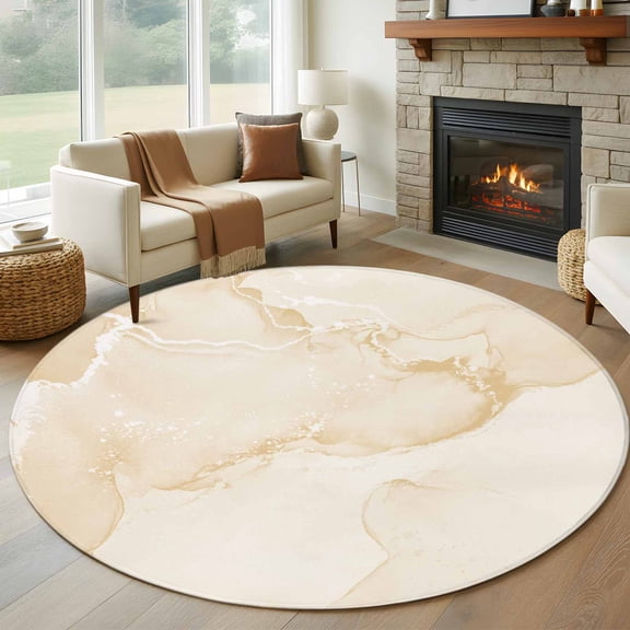 Round Area Rug 5ft Abstract Cream White Marble Texture Area Rugs Washable Low Pile Floor Carpet for Bedroom, Watercolor Fluid Art Non Slip Soft Rugs for Living Room Entryway Dining Room