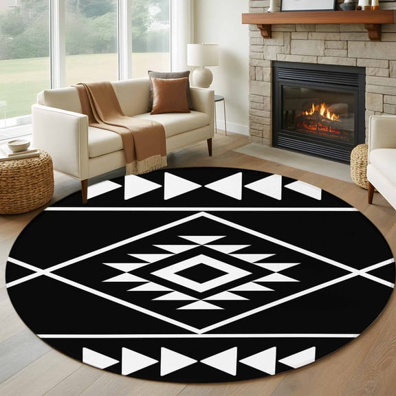 Round Area Rug 5ft, Abstract Ethnic Geometric Art Non-Slip Non-Shedding Floor Mat, Black White Tribal Triangle Washable Sturdy Carpet for Living Room Bedroom Home Decor