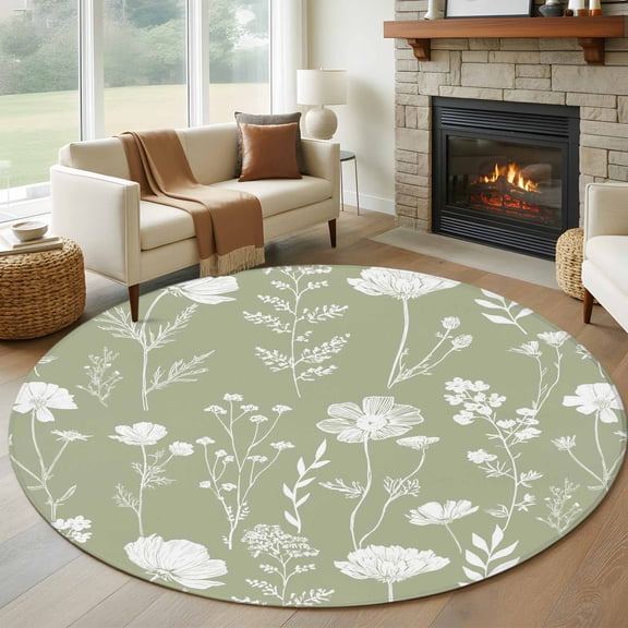 Round Area Rug 5ft Abstract Flower Sage Green Area Rugs Washable Low Pile Floor Carpet for Bedroom, Country Plant Wildflower Non Slip Soft Rugs for Living Room Entryway Dining Room
