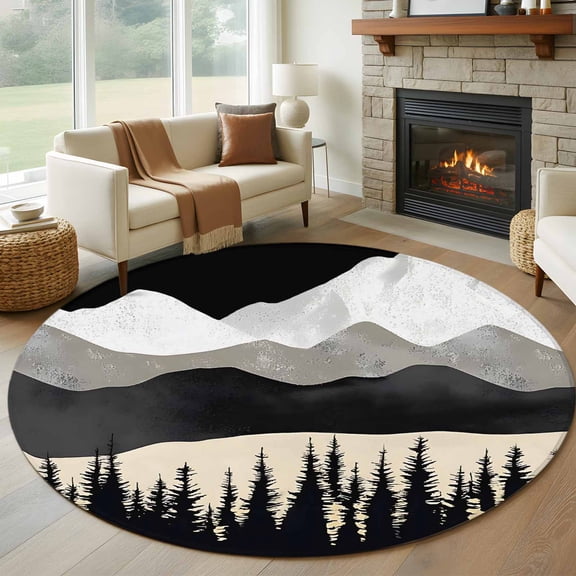 Round Area Rug 5ft Abstract Forest Mountain Pine Tree Area Rugs Washable Low Pile Floor Carpet for Bedroom, Retro Peaks Landscape Non Slip Soft Rugs for Living Room Entryway Dining Room