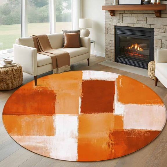 Round Area Rug 5ft Abstract Geometric Graffiti Square Area Rugs Washable Low Pile Floor Carpet for Bedroom, Gradient Orange Non Slip Soft Rugs for Living Room Entryway Dining Room