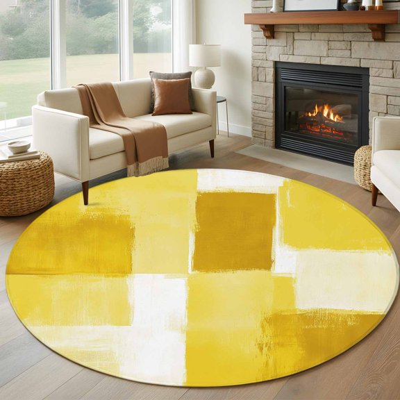Round Area Rug 5ft Abstract Geometric Graffiti Square Area Rugs Washable Low Pile Floor Carpet for Bedroom, Gradient Yellow Non Slip Soft Rugs for Living Room Entryway Dining Room