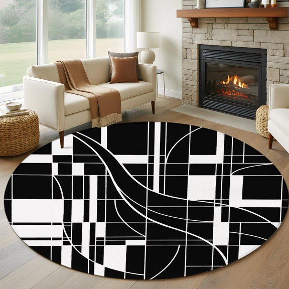 Round Area Rug 5ft Abstract Geometric Lattice Pattern Area Rugs Washable Low Pile Floor Carpet for Bedroom, Black White Stripe Square Non Slip Soft Rugs for Living Room Entryway Dining Room