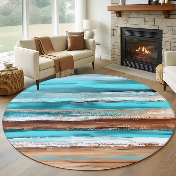 Round Area Rug 5ft Abstract Gradient Beach Scene Area Rugs Washable Low Pile Floor Carpet for Bedroom, Turquoise Sea Wave Sandbeach Non Slip Soft Rugs for Living Room Entryway Dining Room