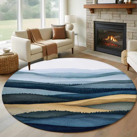 Round Area Rug 5ft Abstract Gradient Mountain Forest Area Rugs Washable Low Pile Floor Carpet for Bedroom, Modern Impressionist Style Non Slip Soft Rugs for Living Room Entryway Dining Room