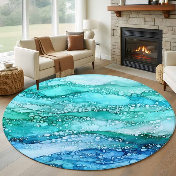 Round Area Rug 5ft Abstract Marble Ombre Blue Ocean Wave Area Rugs Washable Low Pile Floor Carpet for Bedroom, Nautical Coastal Sea Non Slip Soft Rugs for Living Room Entryway Dining Room
