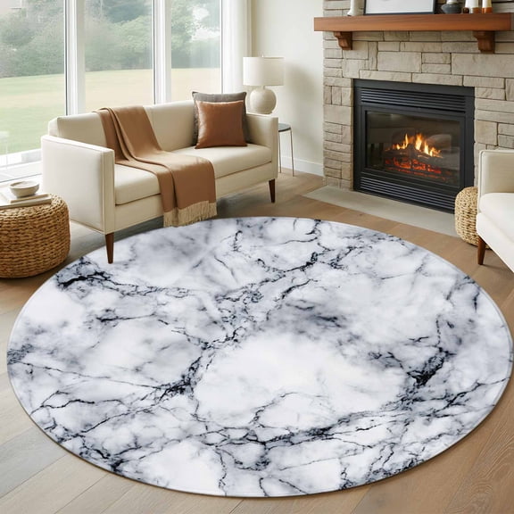 Round Area Rug 5ft Abstract Marble Stone Texture Area Rugs Washable Low Pile Floor Carpet for Bedroom, Natural Crack Gray Rock Non Slip Soft Rugs for Living Room Entryway Dining Room