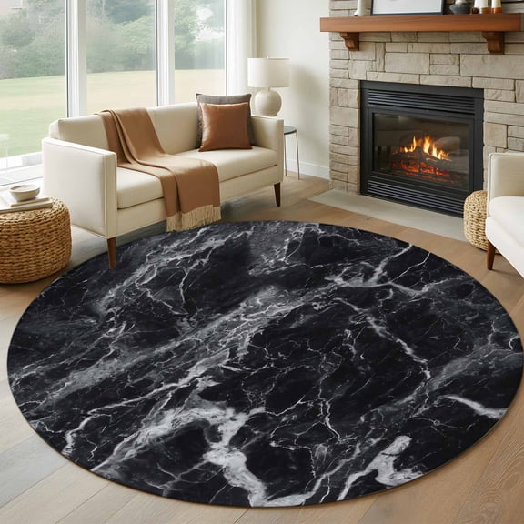 Round Area Rug 5ft Abstract Marble Texture Area Rugs Washable Low Pile Floor Carpet for Bedroom, Black White Background Non Slip Soft Rugs for Living Room Entryway Dining Room