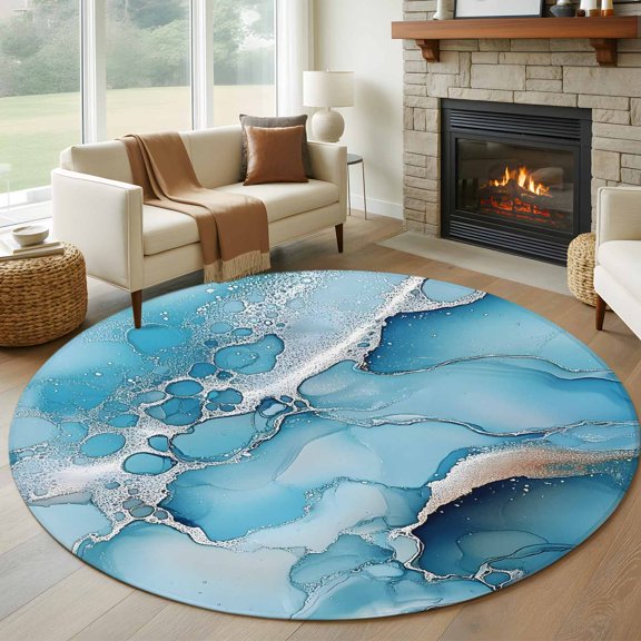 Round Area Rug 5ft Abstract Marble Texture Seamless Area Rugs Washable Low Pile Floor Carpet for Bedroom, Gradient Blue Waves Non Slip Soft Rugs for Living Room Entryway Dining Room