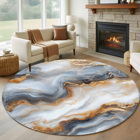 Round Area Rug 5ft Abstract Marble Texture Seamless Area Rugs Washable Low Pile Floor Carpet for Bedroom, Modern Watercolor Art Non Slip Soft Rugs for Living Room Entryway Dining Room