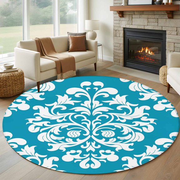 Round Area Rug 5ft,Abstract Minimalist Boho Blue Flower Washable Carpet Non-Slip Runner Accent Rugs Indoor Floor Mat for Bedroom Living Room Decor,Aesthetic Art
