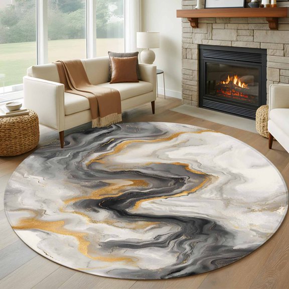 Round Area Rug 5ft Abstract Modern Marble Agate Area Rugs Washable Low Pile Floor Carpet for Bedroom, White Gray Gold Stone Texture Non Slip Soft Rugs for Living Room Entryway Dining Room