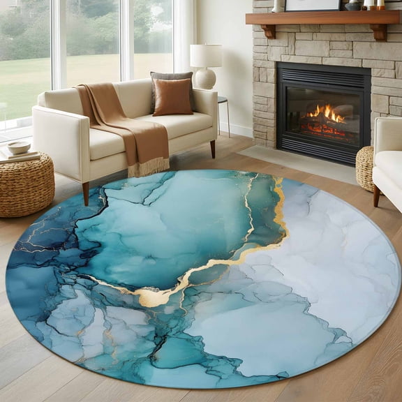 Round Area Rug 5ft Abstract Natural Teal Marble Rock Area Rugs Washable Low Pile Floor Carpet for Bedroom, Watercolor Gradient Stone Non Slip Soft Rugs for Living Room Entryway Dining Room