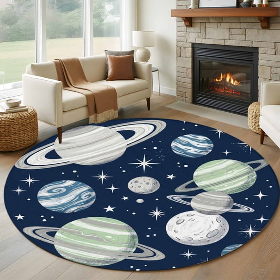 Round Area Rug 5ft Abstract Navy White Sage Planets Stars Area Rugs Washable Low Pile Floor Carpet for Bedroom, Saturn Rings Non Slip Soft Rugs for Living Room Entryway Dining Room