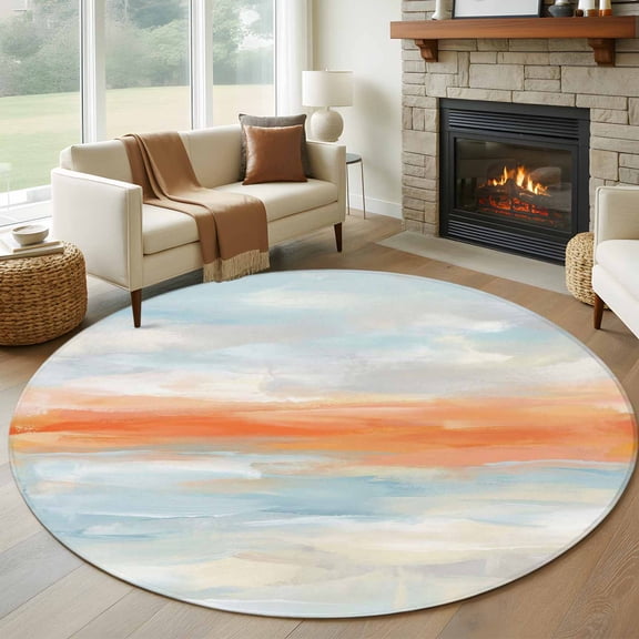 Round Area Rug 5ft Abstract Ocean Beach Sunset Scene Area Rugs Washable Low Pile Floor Carpet for Bedroom, Watercolor Orange Blue Gray Non Slip Soft Rugs for Living Room Entryway Dining Room