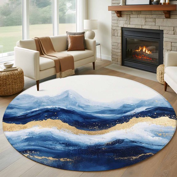Round Area Rug 5ft Abstract Ocean Rough Sea Area Rugs Washable Low Pile Floor Carpet for Bedroom, Marine Big Wave Navy Blue Gold Non Slip Soft Rugs for Living Room Entryway Dining Room