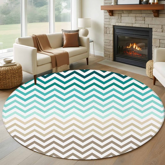 Round Area Rug 5ft Abstract Ombre Herringbone Texture Area Rugs Washable Low Pile Floor Carpet for Bedroom, Green Teal Khaki Gradient Non Slip Soft Rugs for Living Room Entryway Dining Room