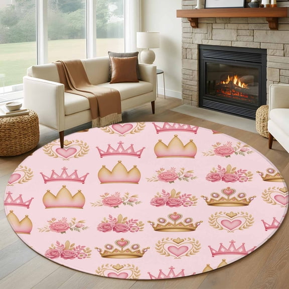 Round Area Rug 5ft, Abstract Pink Flowers Princess Crown Non-Slip Non-Shedding Floor Mat, Rose Love Heart Washable Sturdy Carpet for Living Room Bedroom Home Decor