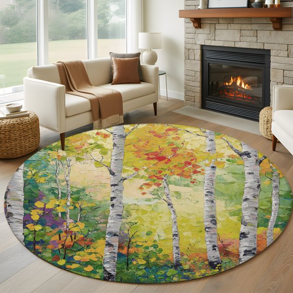 Round Area Rug 5ft Abstract Plant Birch Area Rugs Washable Low Pile Floor Carpet for Bedroom, Classic Country Tree Art Non Slip Soft Rugs for Living Room Entryway Dining Room