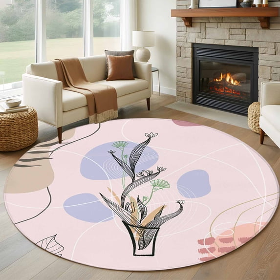 Round Area Rug 5ft Abstract Plant Mid Century Boho Style Area Rugs Washable Low Pile Floor Carpet for Bedroom, Morandi Color Abstract Geometric Non Slip Soft Rugs for Living Room Entryway Dining Room