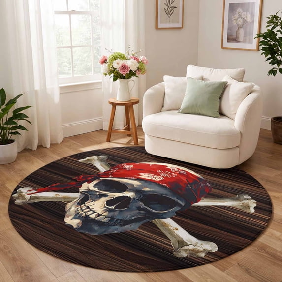 Washable Abstract Shape Rug Round Area Rug 5ft Abstract Punk Pirate Skull Low Pile Washable Rug ...