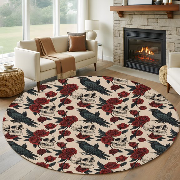 Round Area Rug 5ft Abstract Skull Crow Red Flower Area Rugs Washable Low Pile Floor Carpet for Bedroom, Retro Halloween Skeleton Non Slip Soft Rugs for Living Room Entryway Dining Room