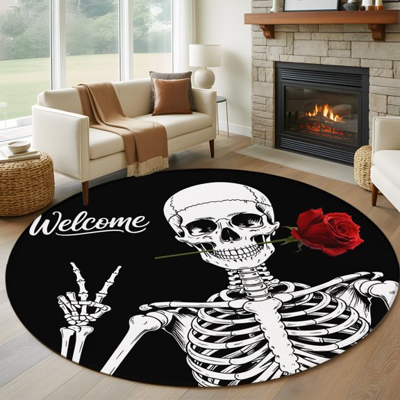 Round Area Rug 5ft Abstract Skull Skeletons Rose Area Rugs Washable Low Pile Floor Carpet for Bedroom, Human Bone Black White Non Slip Soft Rugs for Living Room Entryway Dining Room