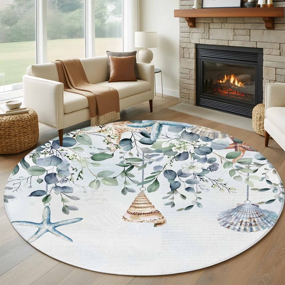 Round Area Rug 5ft,Abstract Starfish Shell on Eucalyptus Leaves Washable Carpet Non-Slip Runner Accent Rugs Indoor Floor Mat for Bedroom Living Room Decor,Marine Life