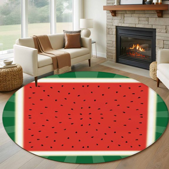 Round Area Rug 5ft Abstract Summer Watermelon Texture Area Rugs Washable Low Pile Floor Carpet for Bedroom, Dot on Red Green Stripe Non Slip Soft Rugs for Living Room Entryway Dining Room