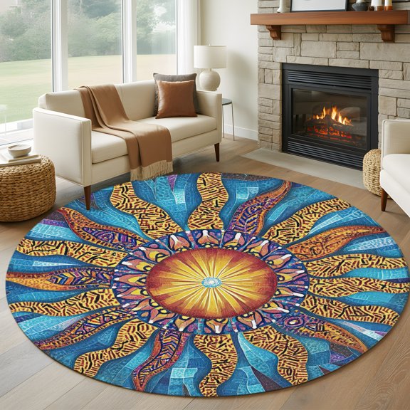 Round Area Rug 5ft Abstract Sun Pattern Area Rugs Washable Low Pile Floor Carpet for Bedroom, Classic Bohemian Flame Non Slip Soft Rugs for Living Room Entryway Dining Room