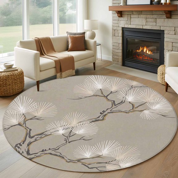 Round Area Rug 5ft, Abstract Tree Ink Lines Non-Shedding Washable Area Rug, Oriental Zen Style Non Slip Low-Profile Circle Rugs for Living Room, Bedroom Dining Room