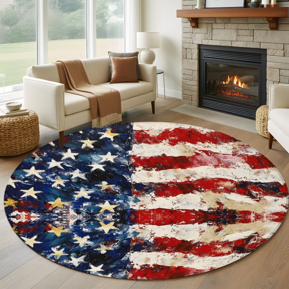 Round Area Rug 5ft Abstract USA Flag Stripe Star Area Rugs Washable Low Pile Floor Carpet for Bedroom, July 4th Theme Oil Painting Art Non Slip Soft Rugs for Living Room Entryway Dining Room